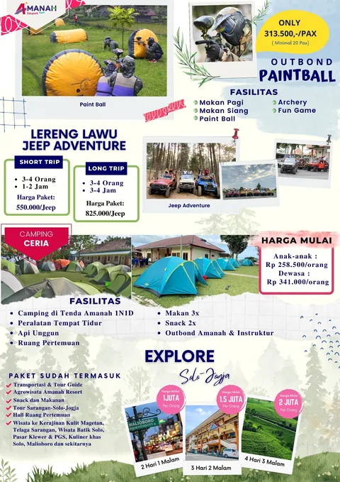 Halaman brosur paintball, Jeep Lereng Lawu, camping ceria, dan explore Solo-Jogja
