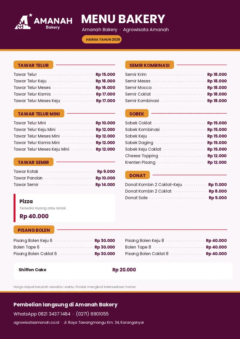 Halaman menu Amanah Bakery dengan daftar roti, donat, pisang bolen, dan harga