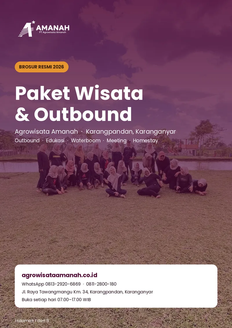 Sampul brosur Agrowisata Amanah 2026 dengan foto rombongan di area wisata