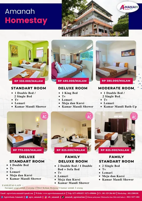 Halaman brosur Amanah Homestay dengan tipe kamar dan harga per malam