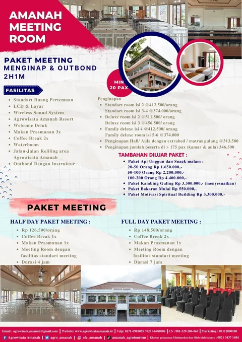 Halaman brosur Amanah Meeting Room dengan paket 2H1M, half day, dan full day