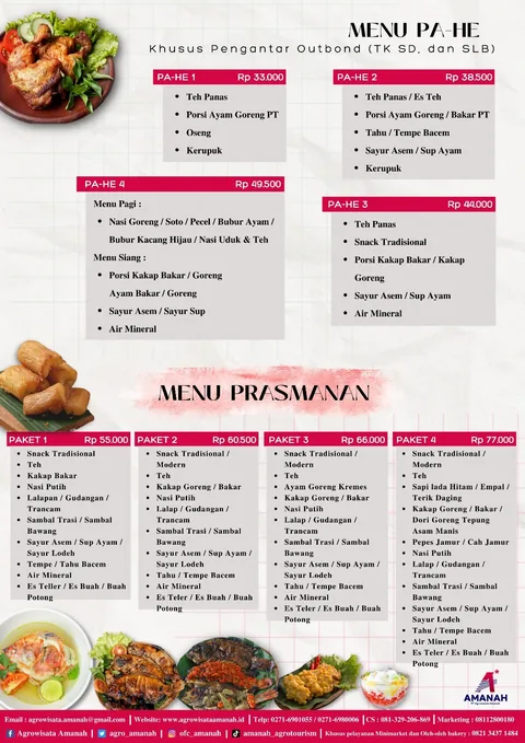 Halaman brosur menu Pahe dan prasmanan dengan pilihan paket Rp33.000 sampai Rp77.000