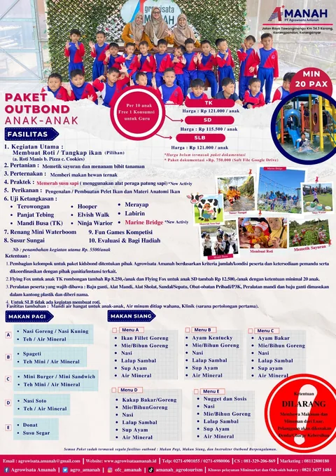 Halaman brosur paket outbound anak-anak dengan harga TK, SD, SLB, fasilitas, dan menu makan