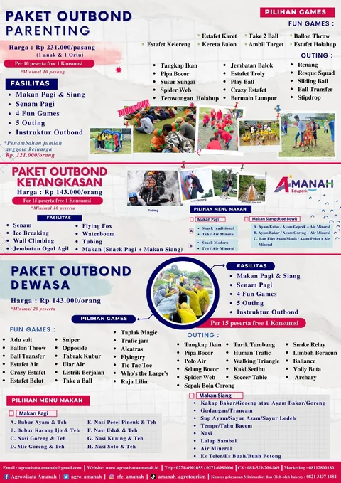 Halaman brosur paket outbound parenting, ketangkasan, dan dewasa dengan daftar permainan dan harga