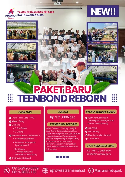 Halaman brosur Teenbond Reborn untuk remaja dengan fasilitas, harga Rp121.000, dan menu makan siang